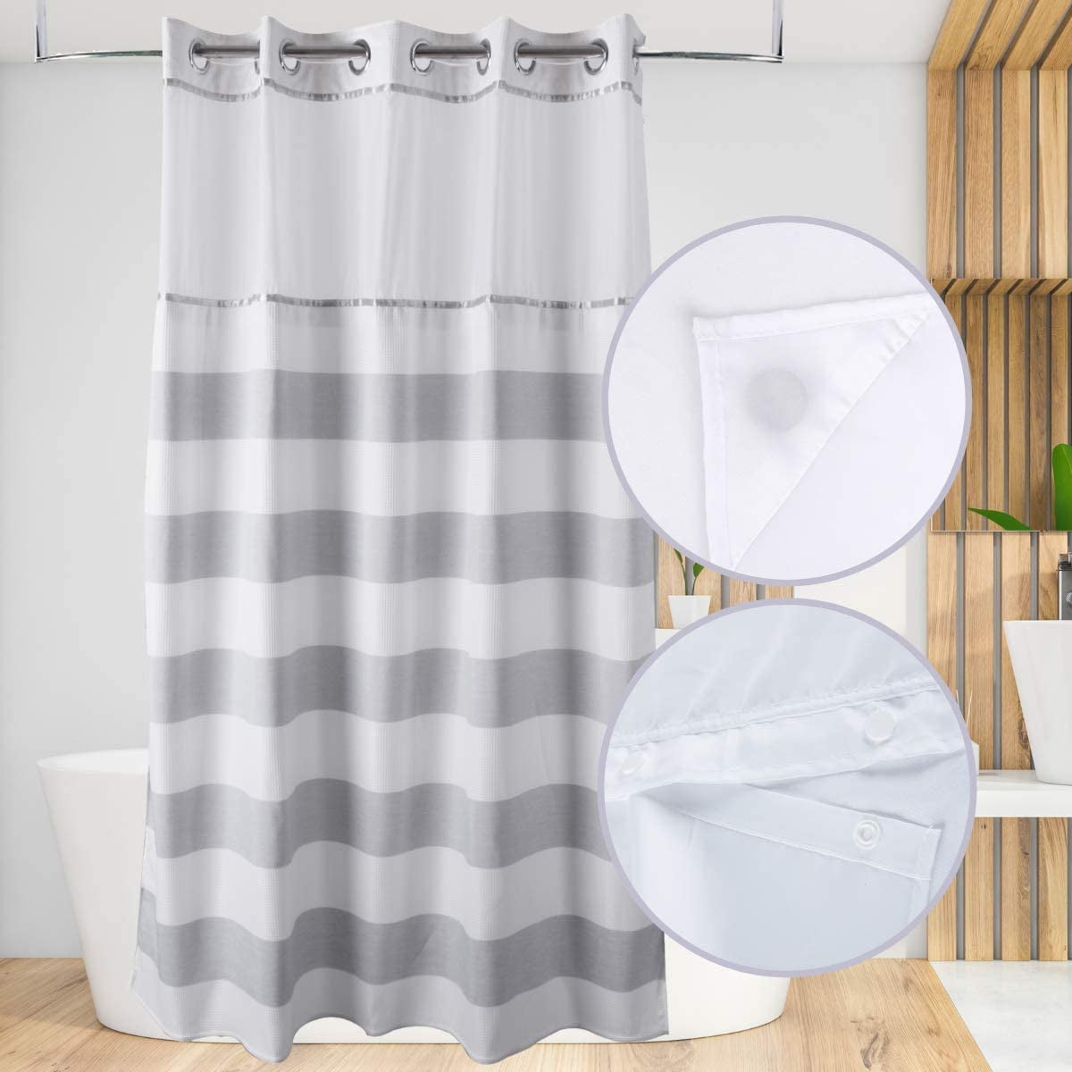 71“W x79”H Stripe Long Fabric Shower Curtain No Hooks Needed with