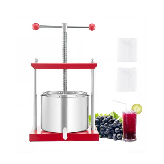 VEVOR 1.6 Gal/6L Fruit Wine Press, 2 Stainless Steel Barrels, Manual Juice Maker, Cider Apple Grape Tincture Honey Olive Oil Making Press with T-Handle for Outdoor Kitchen Home
