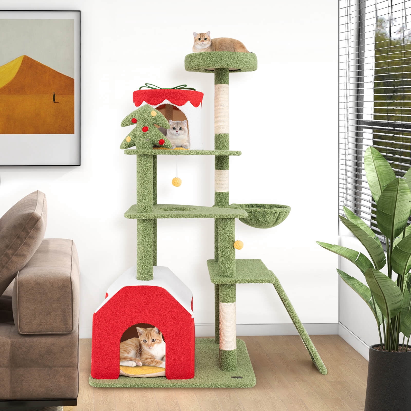 Infans 61" Tall Christmas Cat Tree w/ Sisal Scratching Posts Plush Perch & 2 Condos