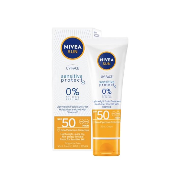 NIVEA Crema Facial de Protección Solar para Piel Sensible, Sin Fragancia, Textura Ligera y No Grasa, Cuidado Facial Dermatológicamente Probado para Uso Diario al Aire Libre, 50 ml / 1,69 fl oz