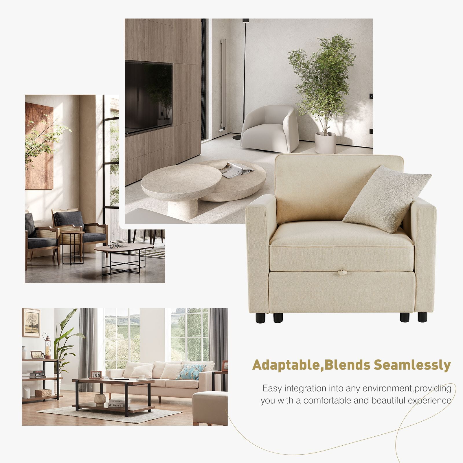 GIANNA 1-Seat Convertible Sectional Sofa Couch with Storage, Modern Sleeper Sofa with Extra Deep Seat Cushions, Soft Fabric, Compact Design for Small Spaces, Beige