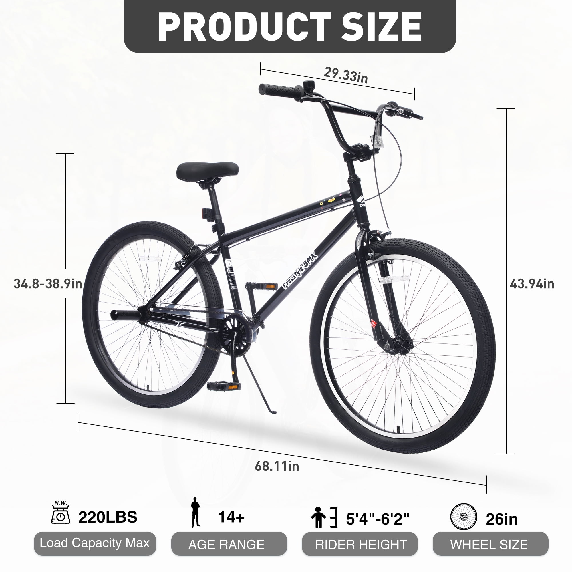 Baprem 26" Freestyle Bike with 2 Pegs, Comfort Steel Frame BMX Mountain Bike, Single Speed City Bike Bicycle with Dual Brake, Black