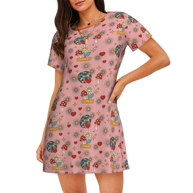Easygdp Retro 70s 60s Hippie Flower Camisón de manga corta para mujer, informal, estampado