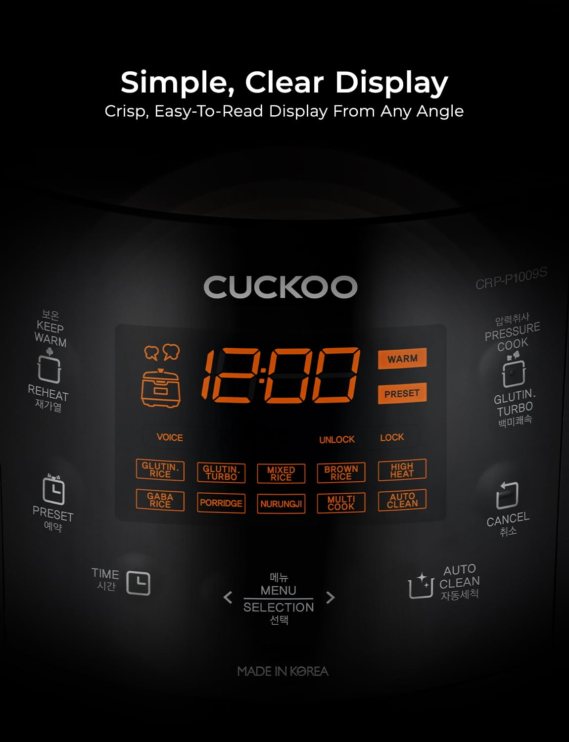 CUCKOO High Pressure Rice Cooker 10-Cup Uncooked / 20-Cup Cooked with Nonstick Inner Pot, Large Rice Maker with 13 Menu Options and Steam Plate, Fuzzy Logic Tech, Voice Guide, Black (CRP-P1009SB)