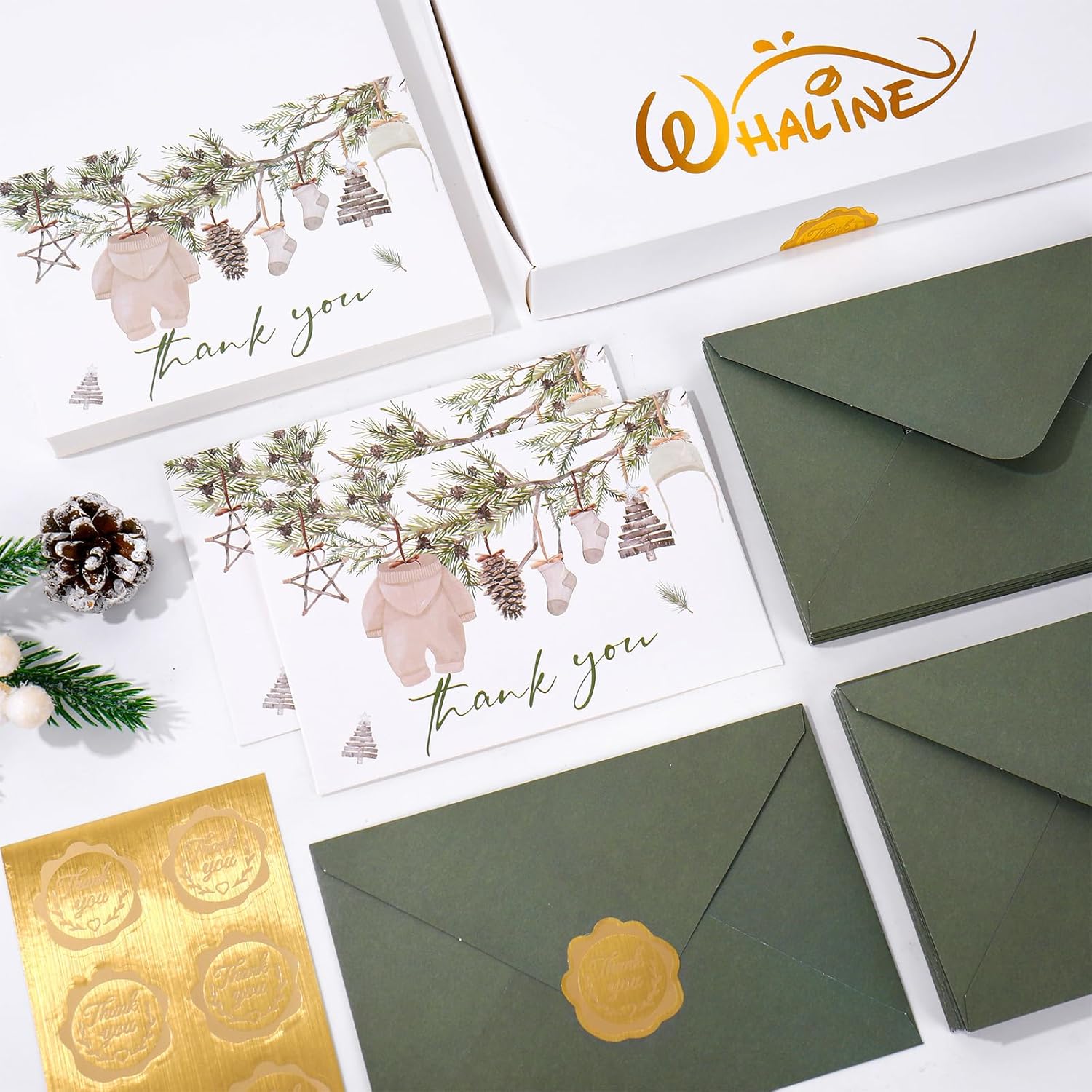 50 Pack Christmas Baby Shower Thank You Cards Bulk Boxed Winter Blank Note Cards with Envelope Stickers Winter Pine Cone Branch Baby Cloth Greeting Card for Birthday Boys
