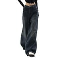thumbnail image 2 of Retro Street Style Wide Leg Jeans High Waist Loose Fit Vintage Denim Pants for Women, Mid-Low Rise Baggy Boyfriend Long Blue Jeans, 2 of 6