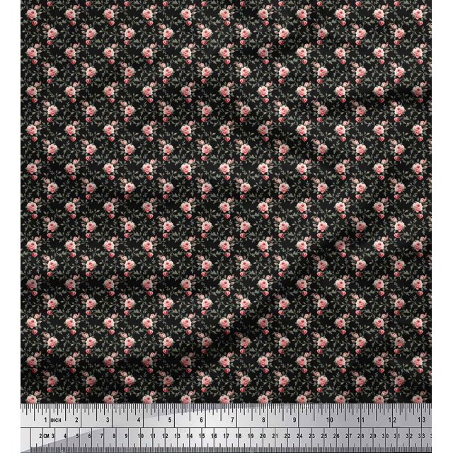 Soimoi Velvet Fabric Leaves & Rose Small Fabric Prints by Yard 58 Inch Wide