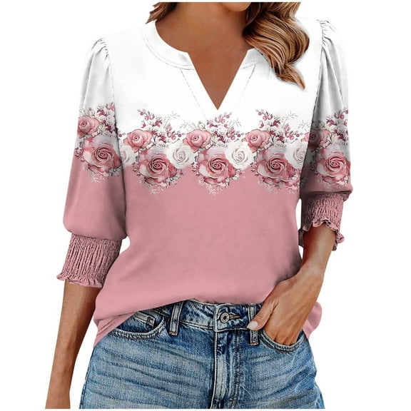 Women Valentine's Pullover Shirts Puffs 3/4 Sleeve Tops Rose Tee Elastic Cuffs Blouse Pleated Sleeves T-Shirt V Neck Tshirts Loose Fit Casual Shirt Fashion Outfits Going Out Top