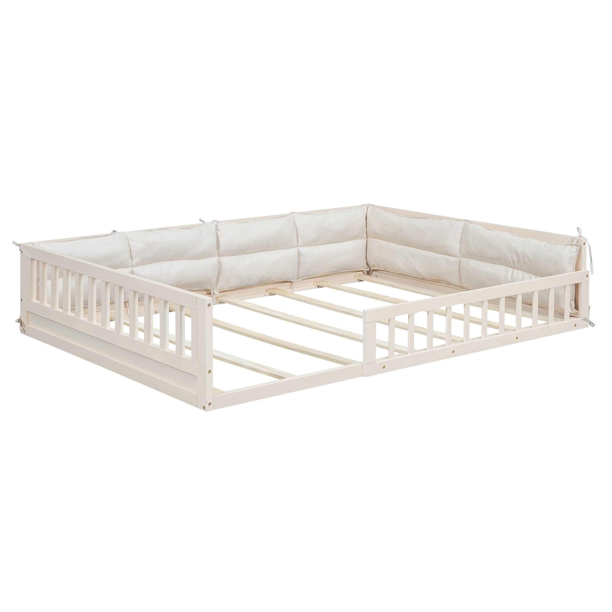 Euroco Upholstered Full Size Platfrom Bed, Floor Bed with Pillow, Beige