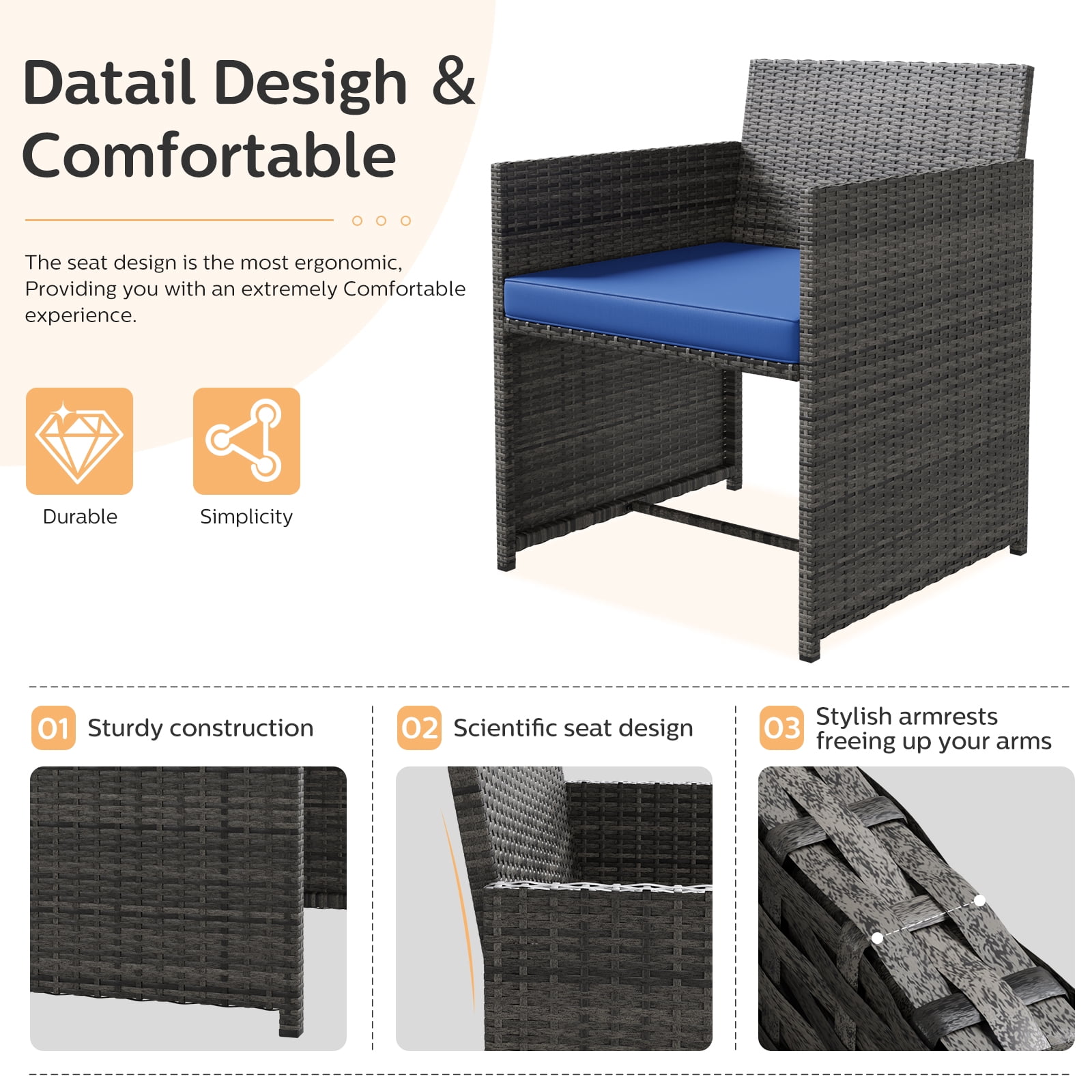 ELPOSUN 4-Piece Rattan Wicker Patio Furniture Set with Cushions and Tempered Glass Tabletop, Patio Conversation sets Navy Blue