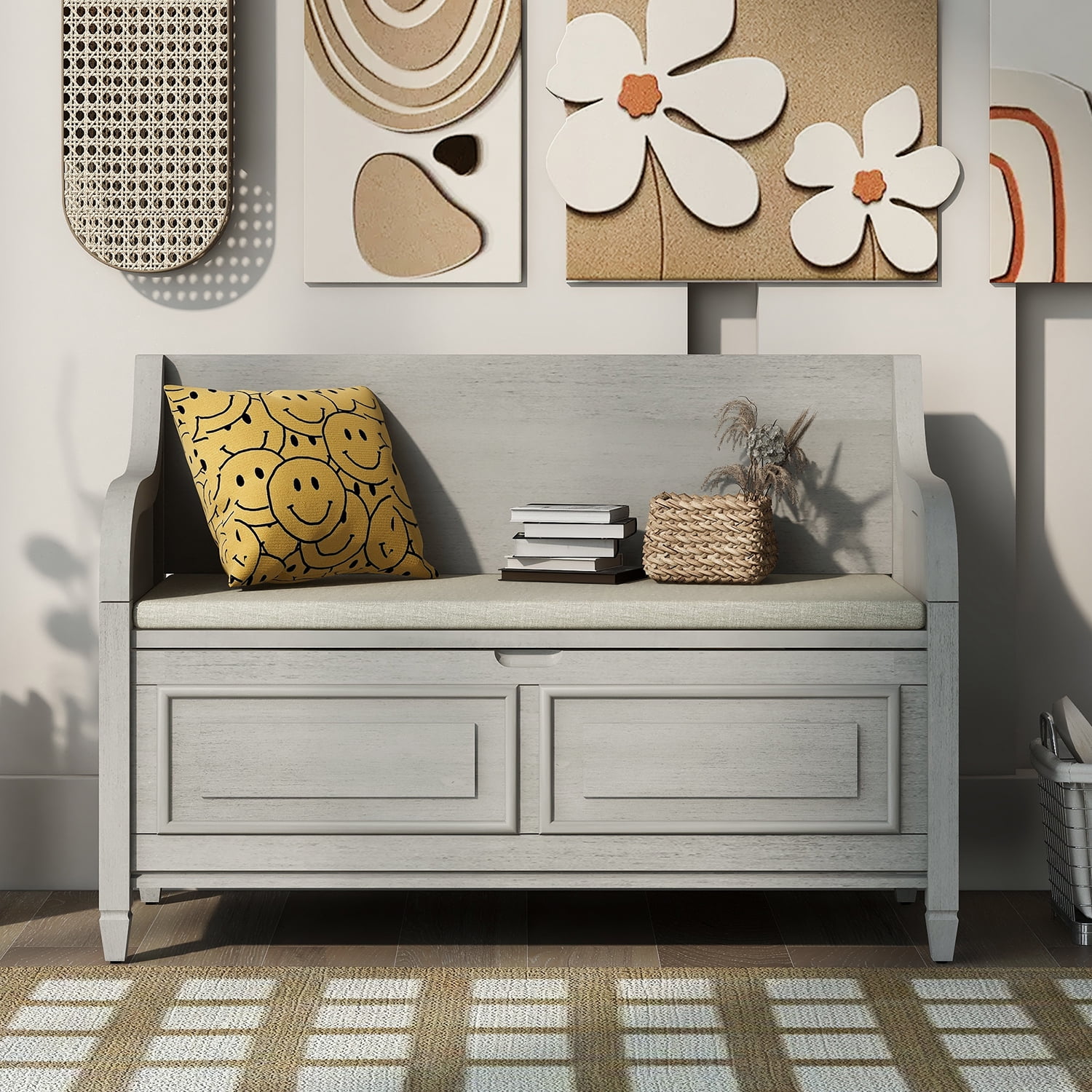 Kadyn 42" Entryway Multifunctional Storage Bench, Pine Storage Bench with Safety Hinge, Rustic Style Solid Wood Entryway Bench for Living Room, Gray Wash