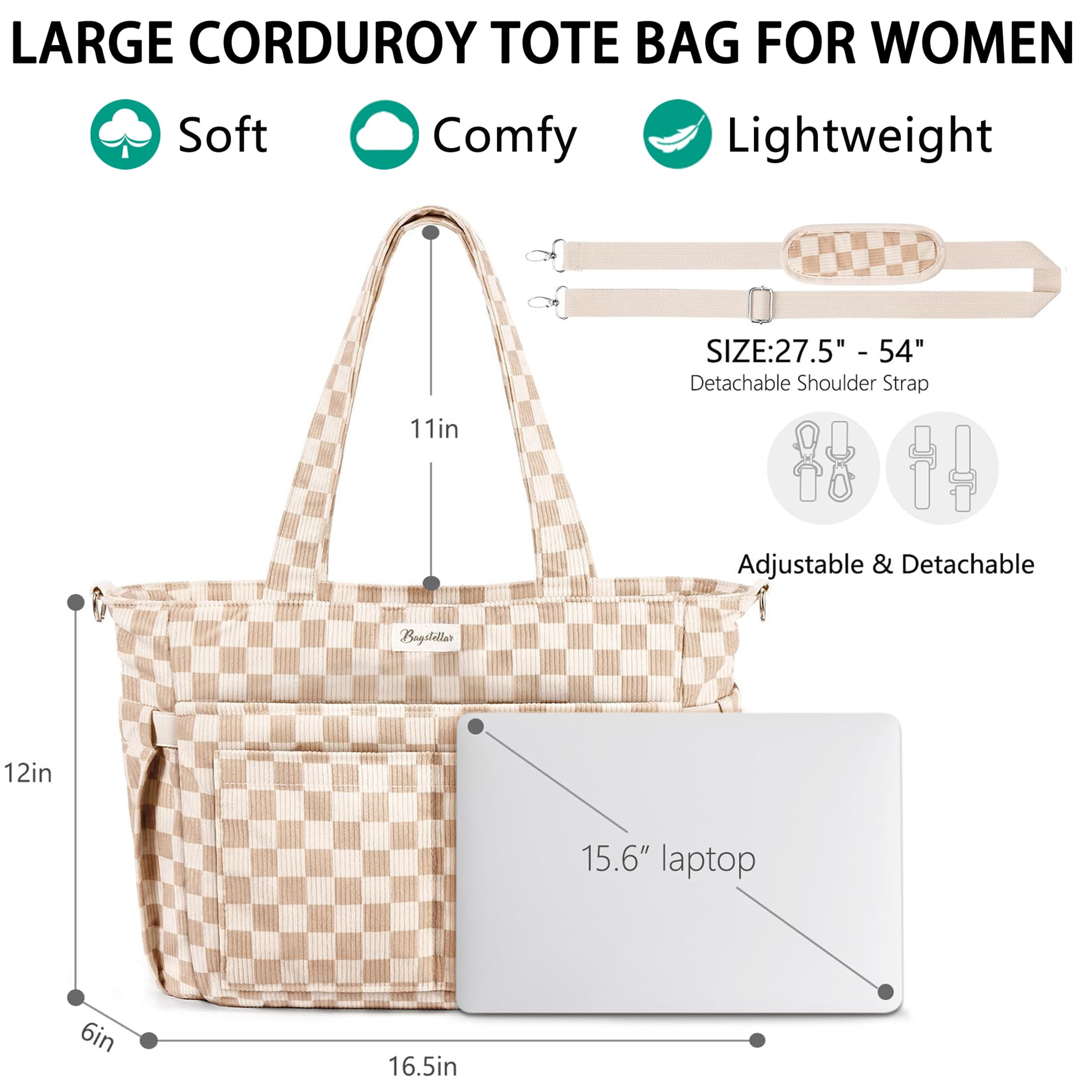 Corduroy Tote Bag for Women, Lightweight Work Laptop Tote Purse With 17 Pockets, Crossbody Shoulder Handbag for School Work Travel Gym, Checked Brown White