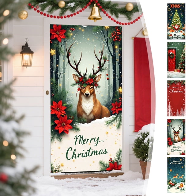 Funda Navideña para Puerta con Diseño de Papá Noel, 89 X 183 Cm, Tela de Poliéster, Decoración Festiva | 1 Unidad | Multicolor | Apta para Puertas Estándar