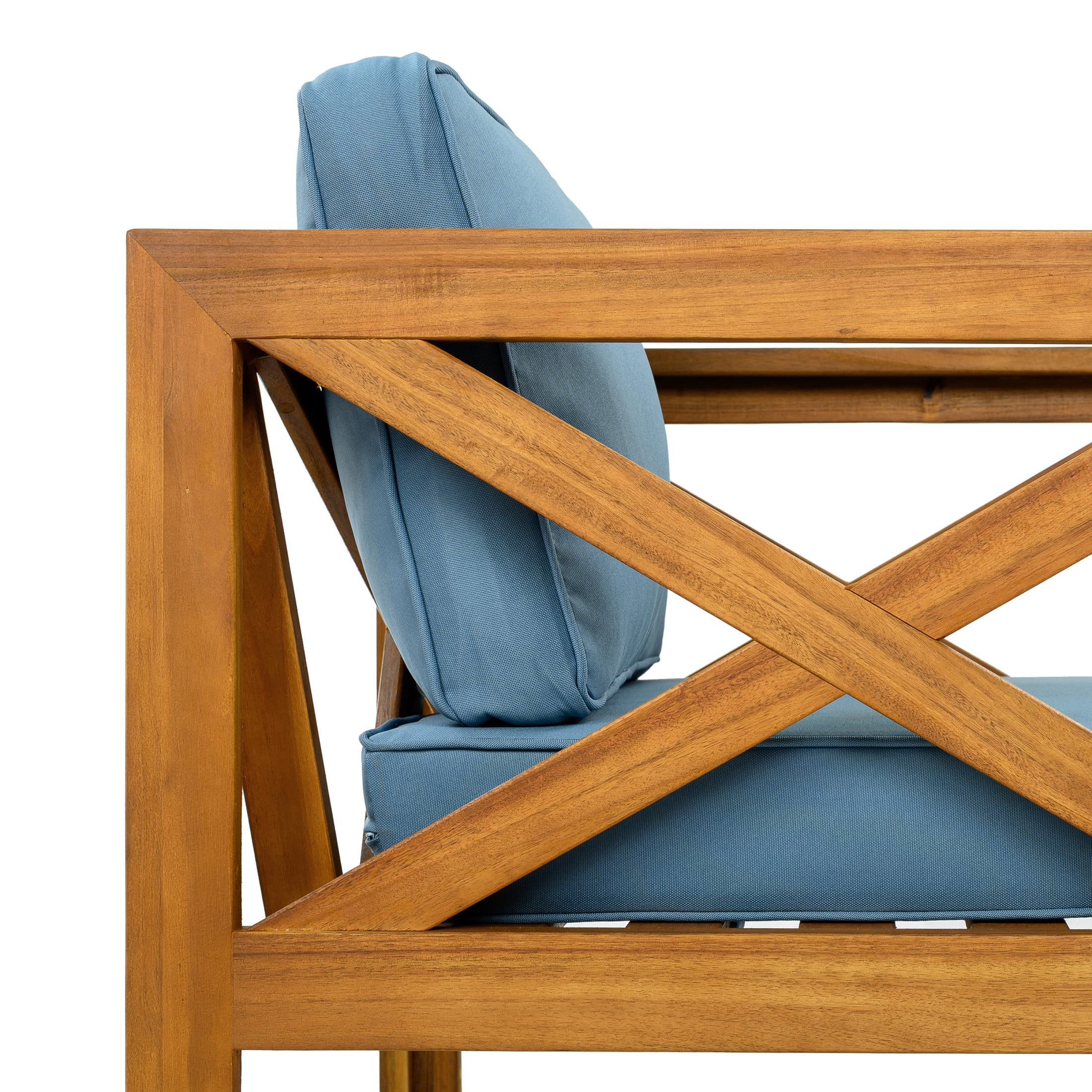 Christopher Knight Home 3-Piece Outdoor Wood Bistro Set, Armchair with Round Side Table, Blue Cushion
