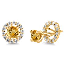 Gem Stone King 18K Yellow Gold Plated Silver Women Stud Earrings with Removable Jackets Round Citrine and Moissanite (1.87 Cttw)