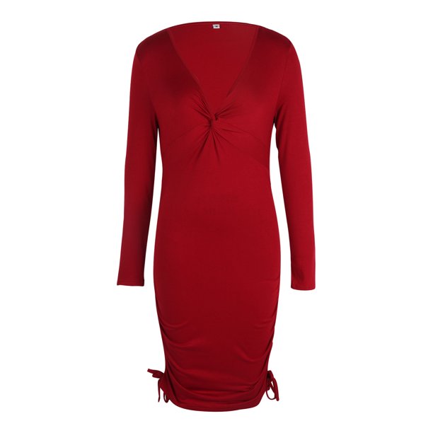 VISgogo, vestido ajustado Sexy con cuello en V para mujer, falda corta fruncida de manga larga con cordón lateral de Color sólido para mujer de otoño VISgogo moda
