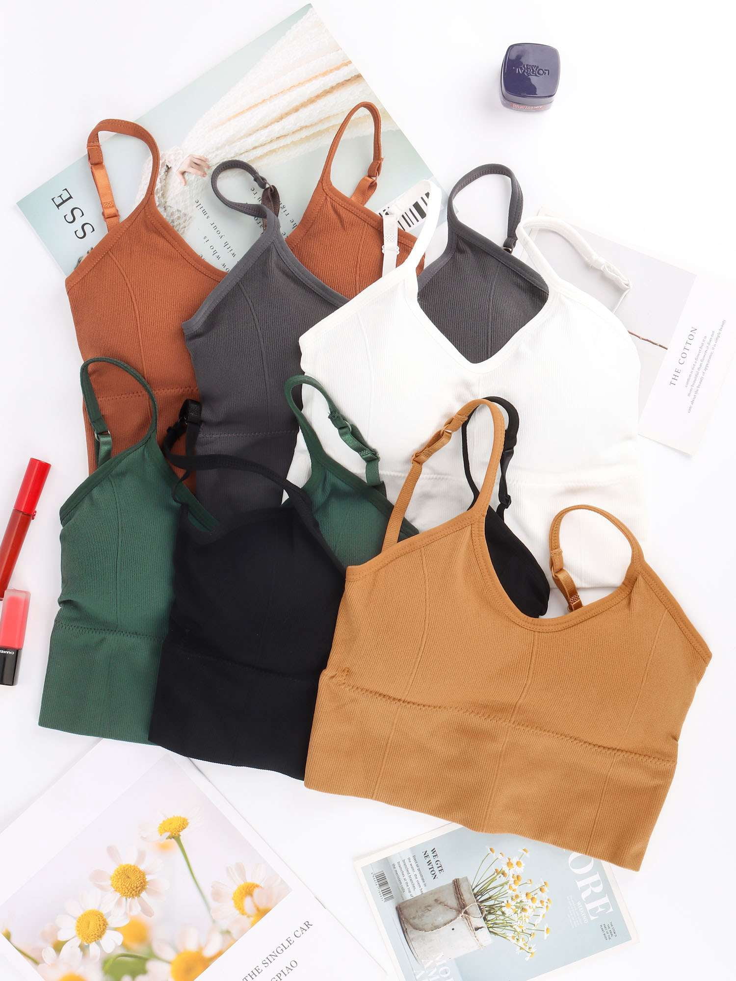 Gustave 6 Pack Women Cami Bras Seamless Padded Yoga Bralettes Wirefree Workout Sports Bra Comfort Camisole Spaghetti Strap Crop Tops "Black/Gray/Green/Orange/Yellow/White"