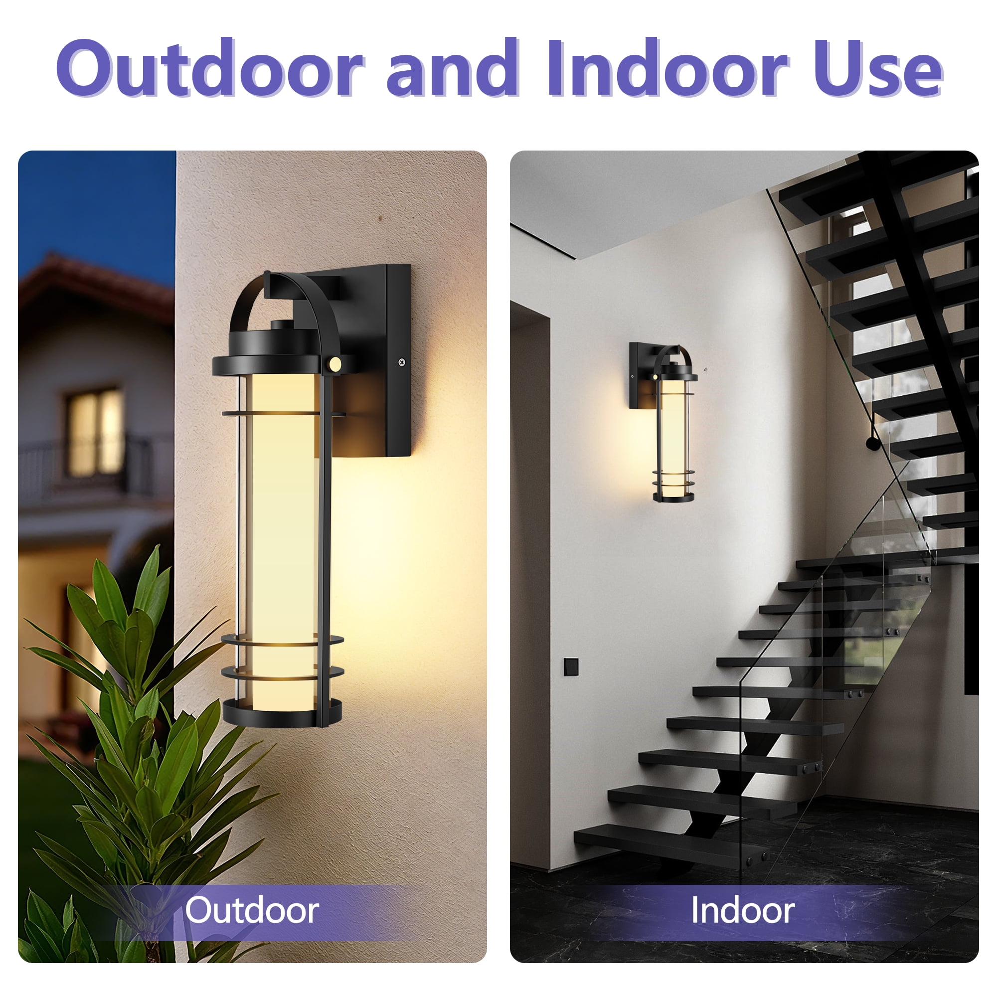 GCGAFUL 2-Pack LED Outdoor Wall Sconce, 15 in.Black Modern Exterior Light Fixture, Integrated Waterproof Hardwired Cylinder Lantern for Patio Garage Front Door Entryway