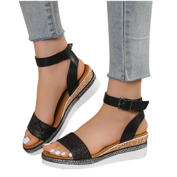 Xfvqtps Womens Wedge Sandals Flatform Open Toe Ankle Adjustable Buckle Print Non Slip Soft Sole Comfortable Lightweight Summer Sandals Black