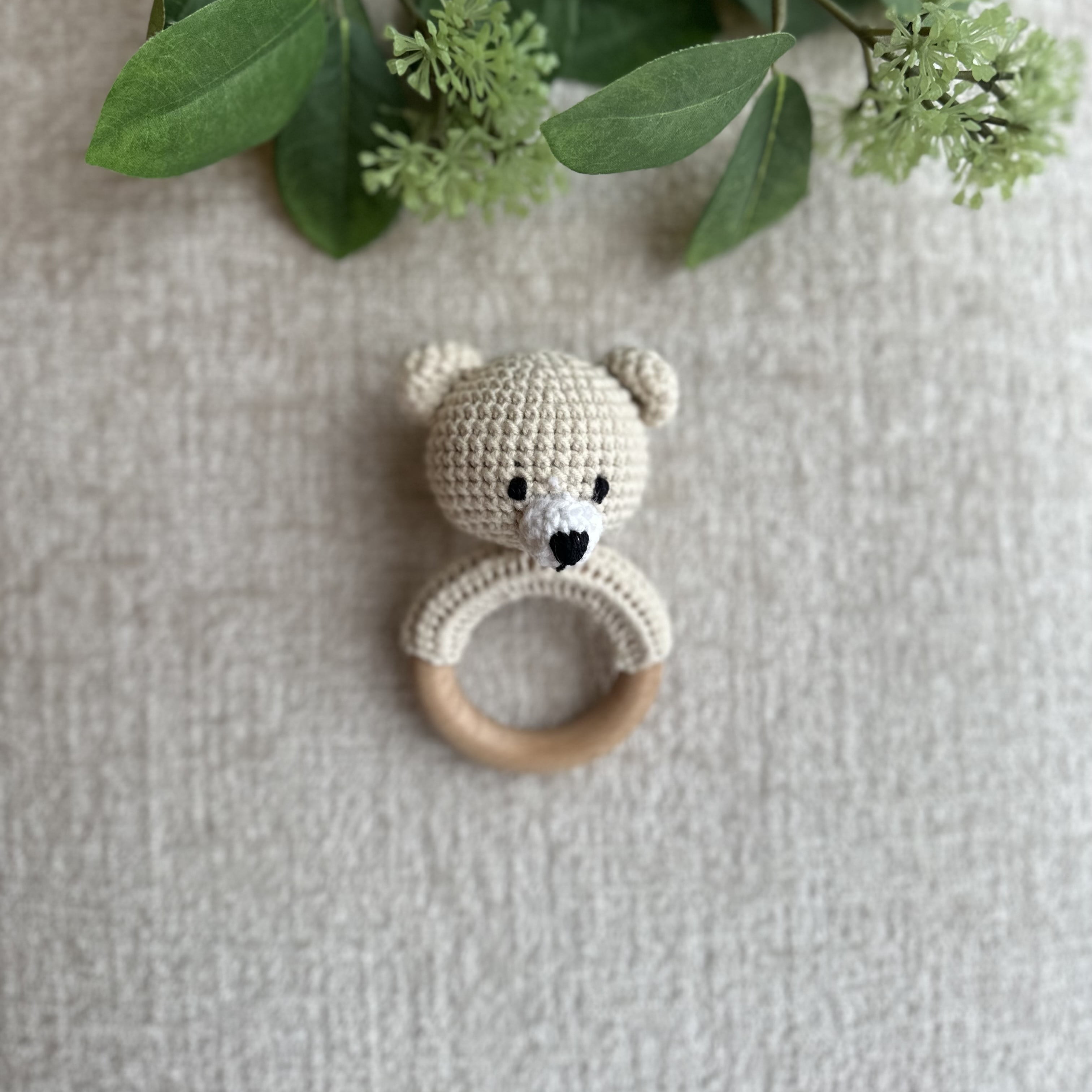 Organic Cotton Handmade Crotchet Bear Rattle, Toy, teether and Pacifier Holder Baby Shower/Birthday Gift Set., Small, Beige