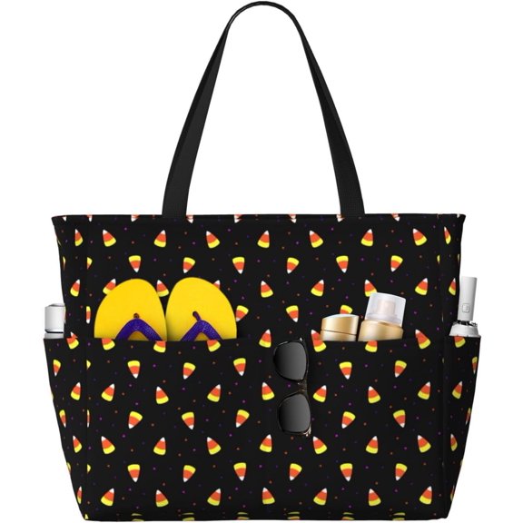 Halloween Candy Corn Pattern Large Beach Tote Bag For Women With Zipper & Wet Pocket, Lightweight Foldable Gym Tote For Travel, Grocery, Swim, Sports