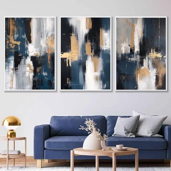 FCCUYE Blue and White Abstract Wall Art Blue and Grey Pictures Wall Decor White and Grey Wall Art Modern Abstract Painting for Living Room Bedroom 16x24inchx3PCS No Frame