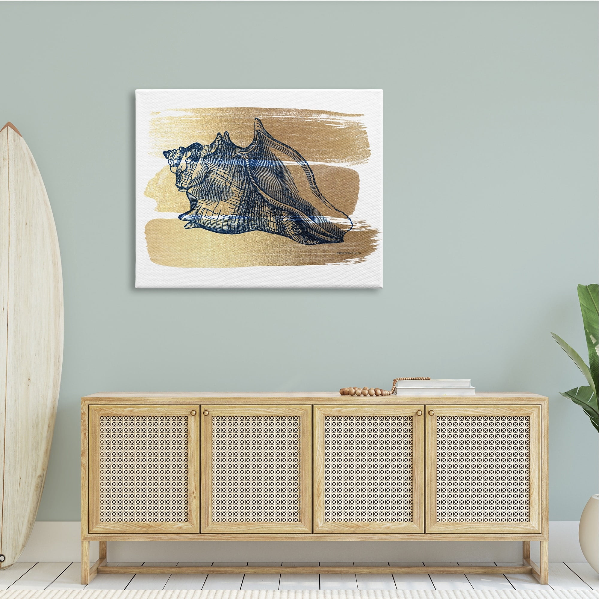 Stupell Industries Nautical Navy Blue Husk Golden Banded Pattern,48 x 36, Design by Bluebird Barn