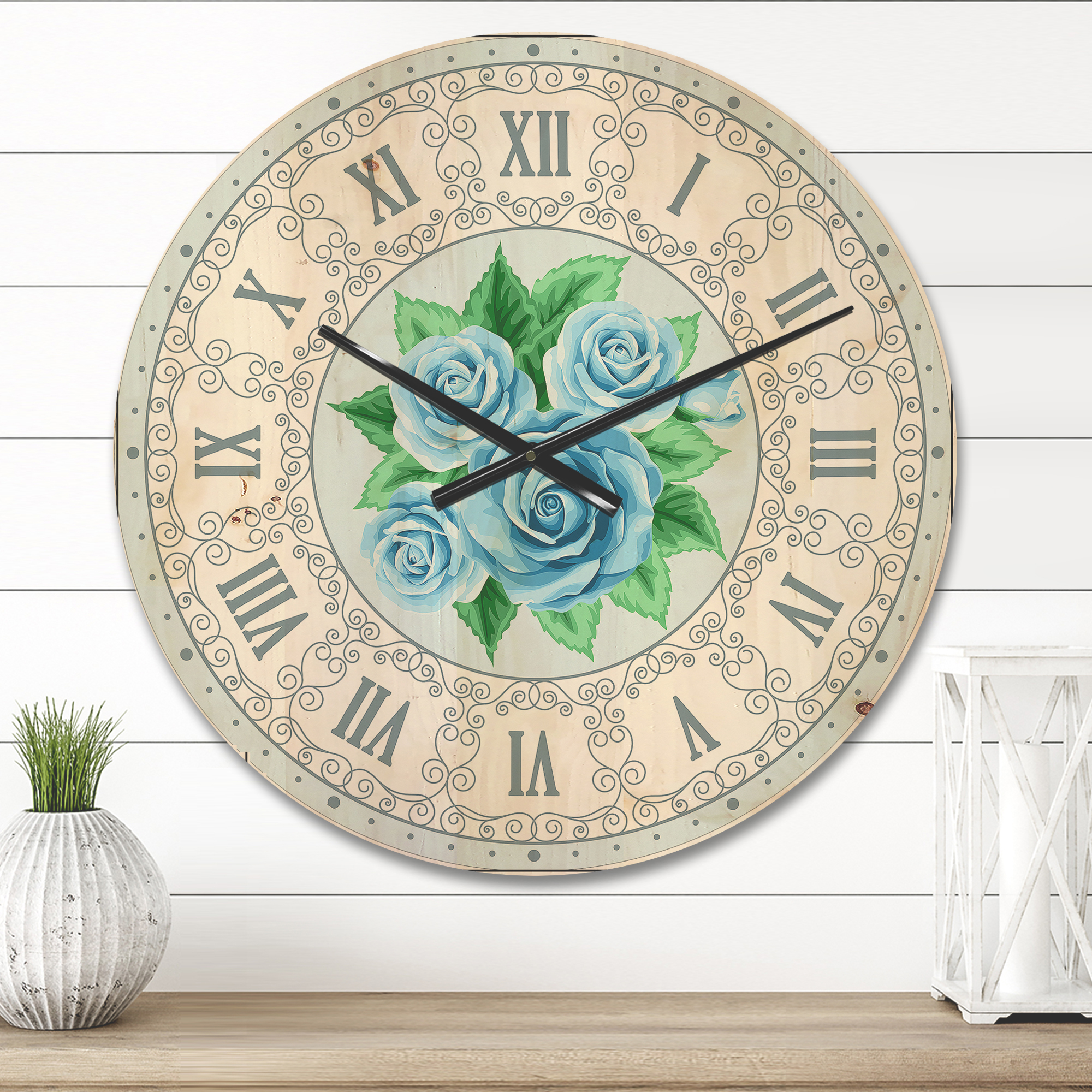 Designart 'Blue Roses With Green Leaves Shabby Chic Vintage ' Modern Wood Wall Clock