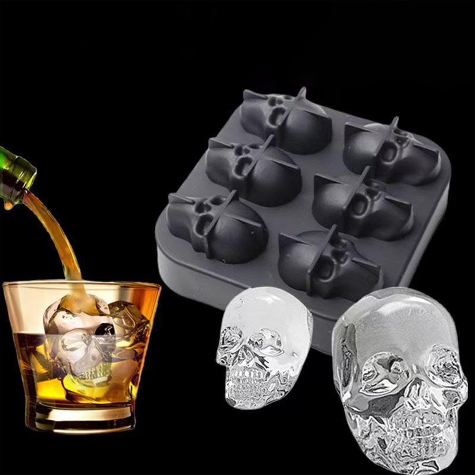 Silicone Freezer Molds,Ice Molds,6-Skull Silicone Ice Tray,4.7IN Trays Molds Ice Ball Maker Container for Freezer Whiskey Cocktails Drinks(Black)