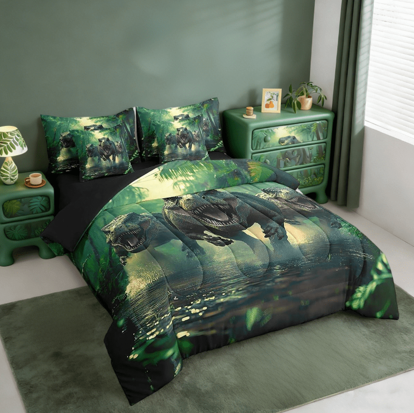 Manfei Cartoon Ancient Dinosaur 7-Piece Bedding Comforter Set,3D Dino Print Jungle Dino King Bedding Sets Wild Animal Bedroom Decor Reversible