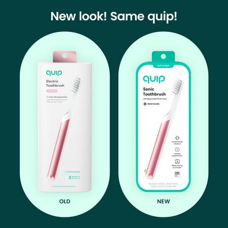 Quip Sonic Toothbrush for Adults, Timed Electric Brush with Soft Bristles, Replaceable Head, Pink Metal Handle, Travel Cover