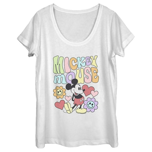 Women's Mickey & Friends Groovy Hearts and Smilies Logo  Scoop Neck White Large
