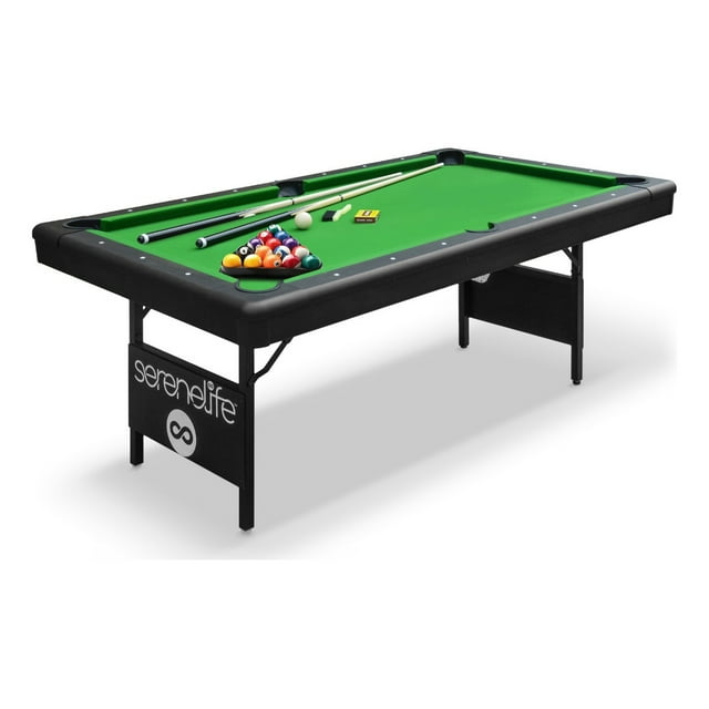Mesas de billar plegable de 6 pies SereneLife, estructura de acero, pizarra soportada, soportes de patas soldados, bloqueos de seguridad anticolapso, set de billar y accesorios de 58kg.