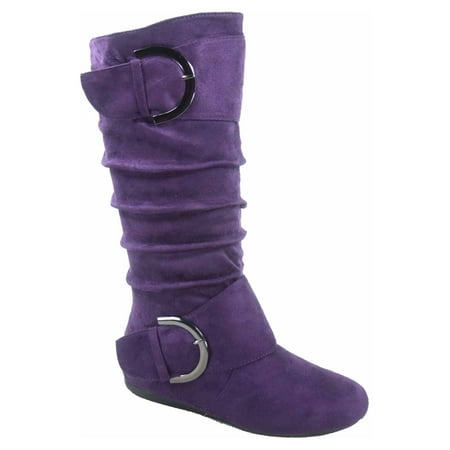 

Bank-81 Women s Fashion Zipper Big Buckle Slouch Casual Flat Heel Mid Calf Round Toe Boots