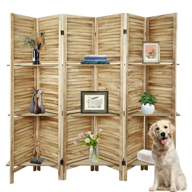 6 Panels Wood Room Divider Folding Screen with Display Shelves, Natural Color