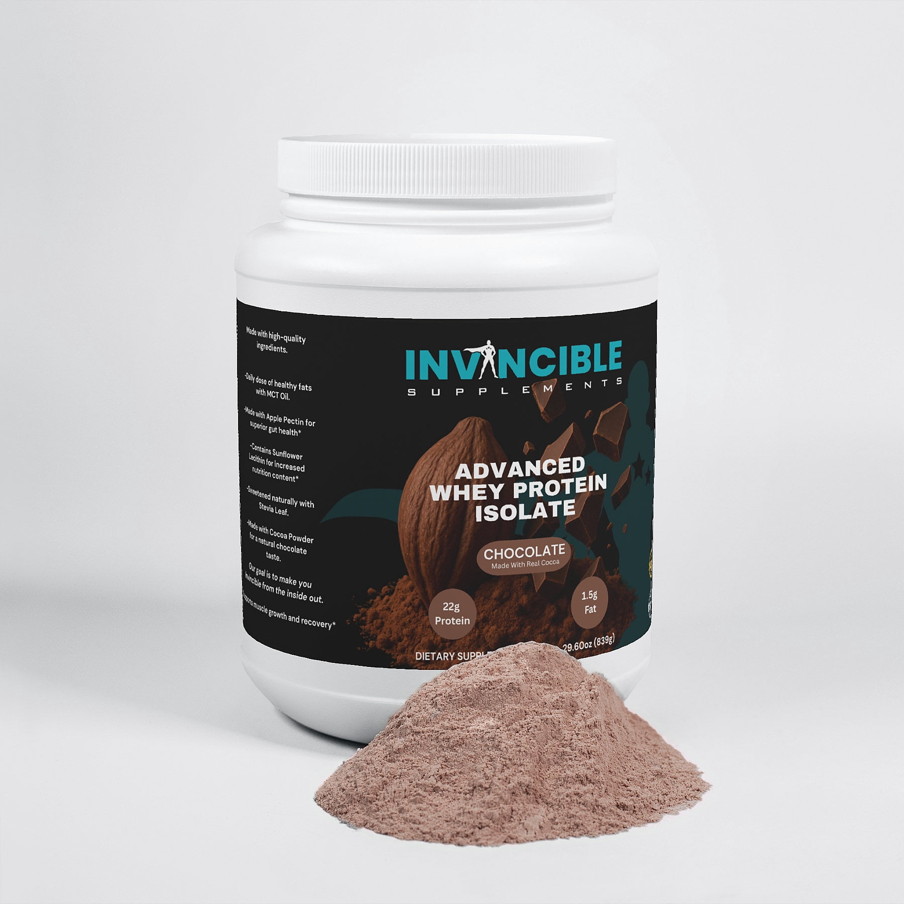 Invincible Supplements Advanced 100% Whey Protein Isolate, Chocolate — 22g Protein per Serving with Apple Pectin & MCT Oil