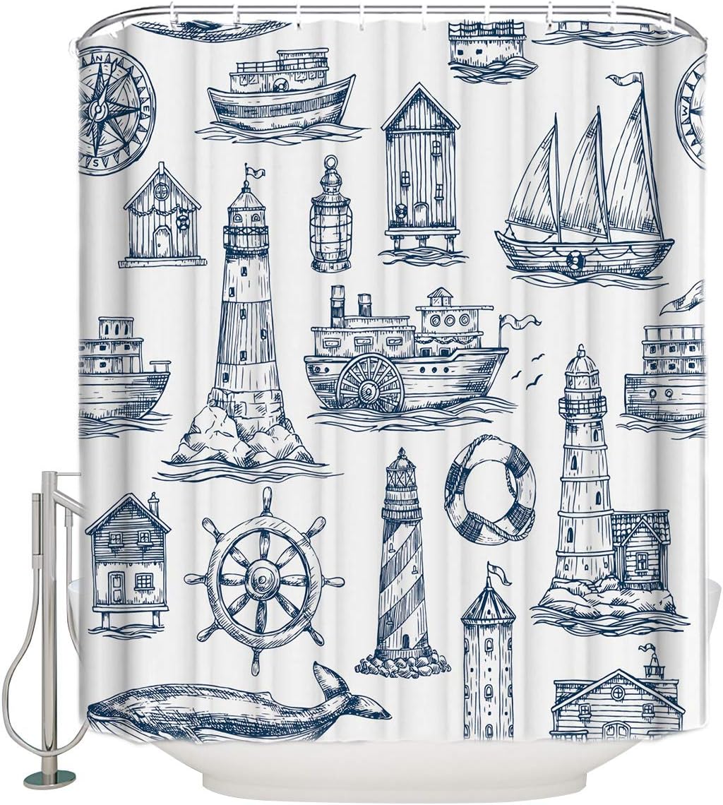 SPXUBZ Blue Ship Elements Lighthouse and Ship Shower Curtain 72x72 Inch