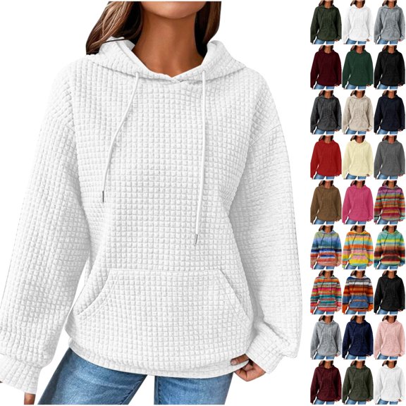 Husipze Womens Waffle Knit Sweatshirt Solid Long Sleeve Drawstring Casual Fall Winter Hooded Pullover with Pockets White S