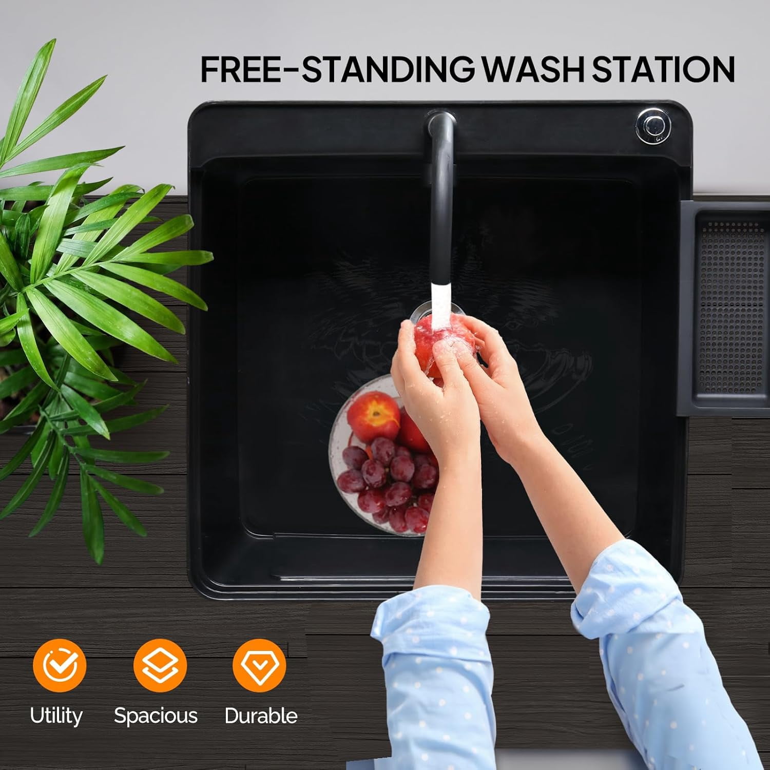 Ktaxon 13 Gallon Plastic Utility Sink with Hot/Cold Faucet, 33" Freestanding Laundry Tub with Iron Legs, Soap Dispenser and Pop-up Button for Bathroom, Laundry Room, Garage, Black