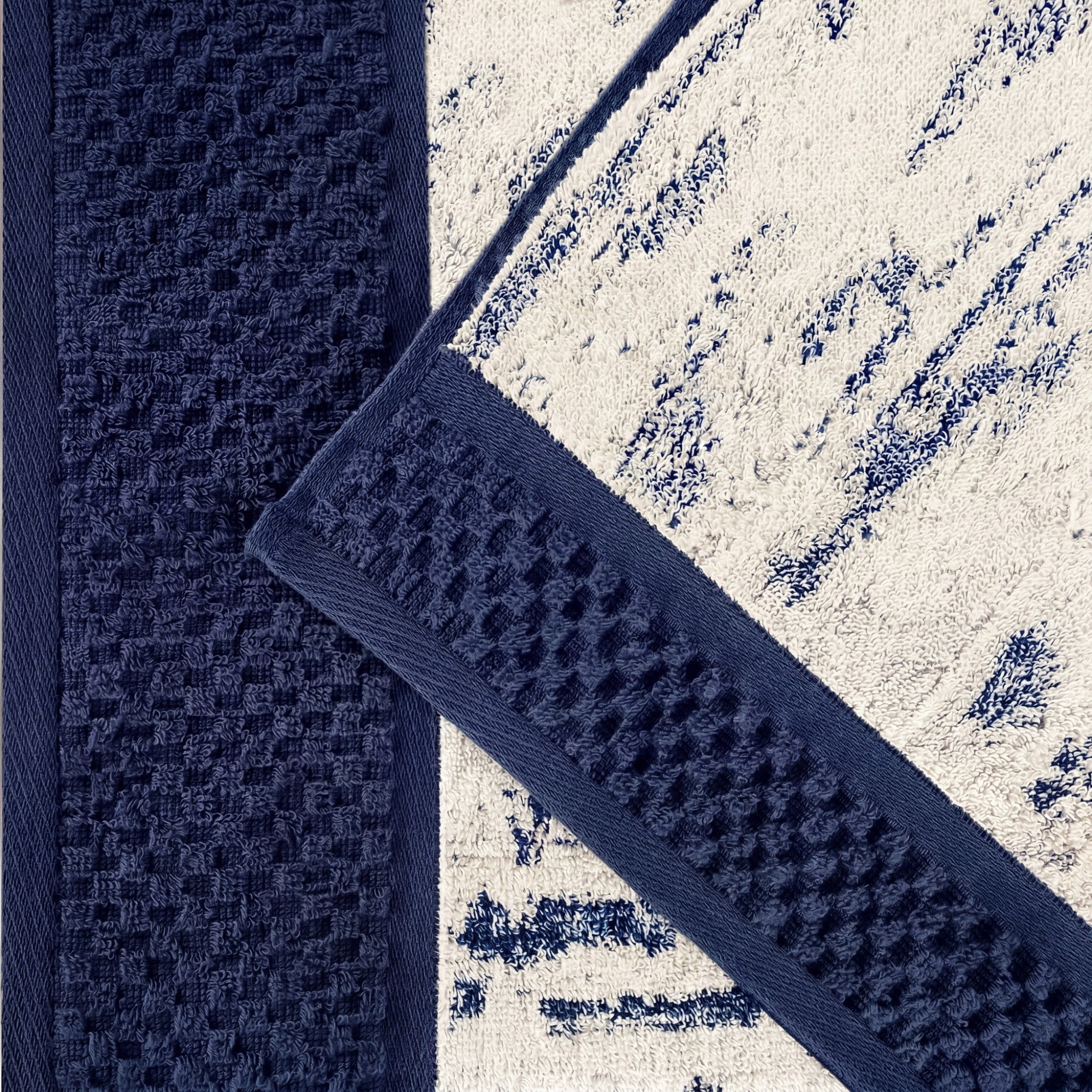 Superior Modern Cotton 6 Piece Hand Towel Set Bathroom Mixed Pattern, Navy Blue-Ivory