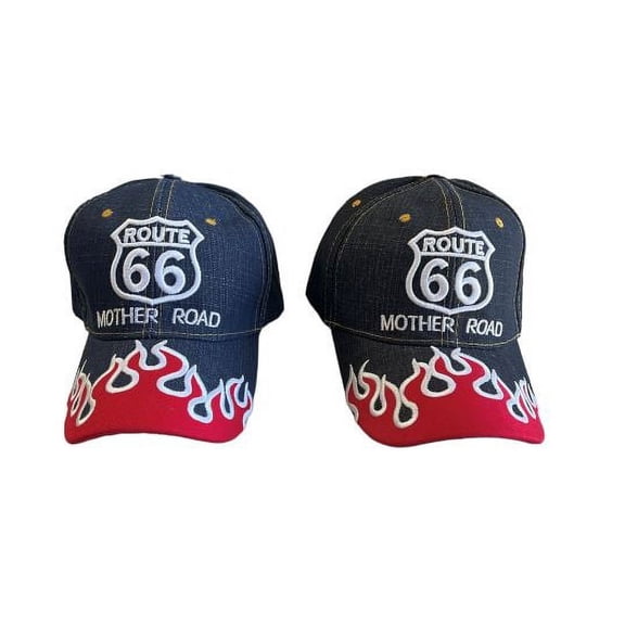 Flames Route 66 Baseball Cap Embroidered - Black Color - Uni-Sex Style -- FREE USA Shipping -- (7508-144B)