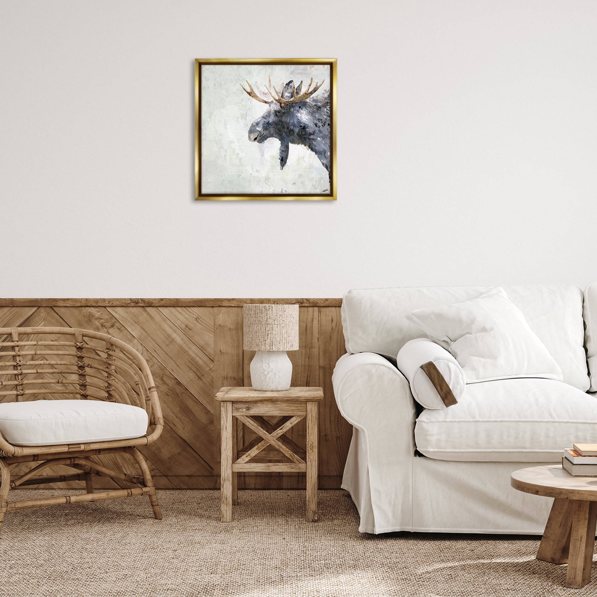 Stupell Industries Rustic Moose View Animals & Insects Painting Gold Floater Framed Canvas Art Print Wall Art, 25 x 25