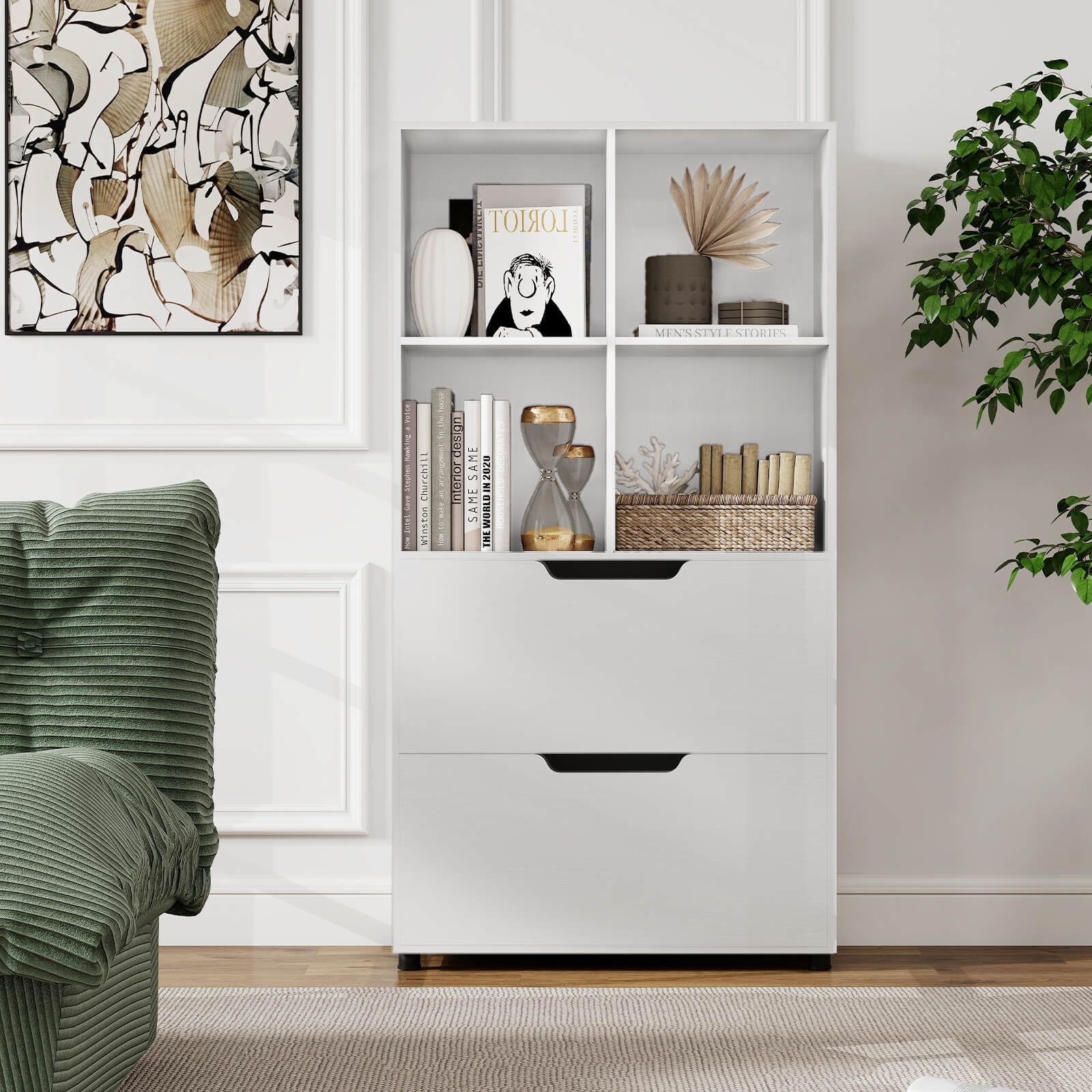 Costway 51” 5-Tier 4-Cube Bookcase with 2 Drawers for Living Room, Study, Home Office White