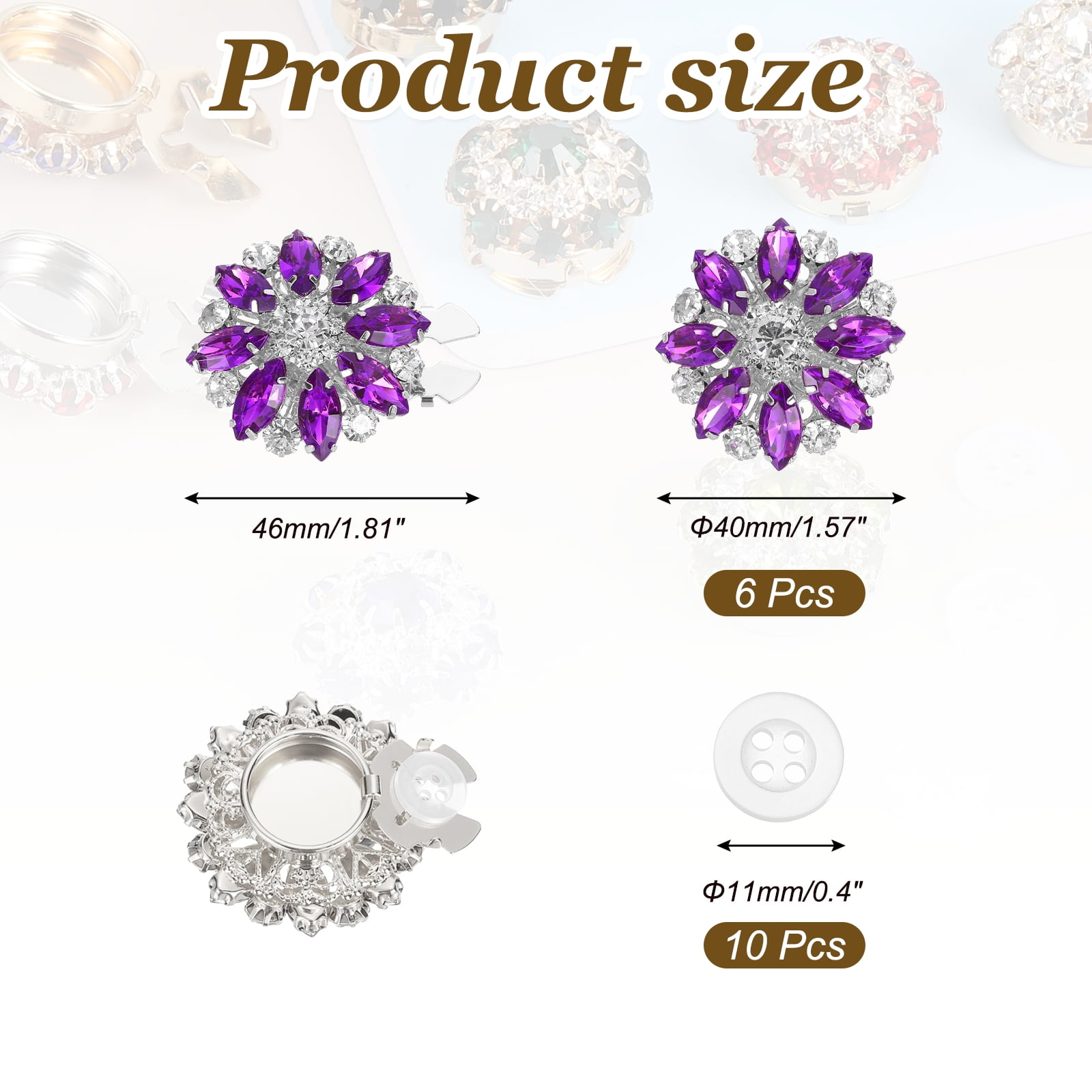 6 Pcs Rhinestone Button Covers Decorative Clips with 10 Pcs White Sewing Buttons Detachable Marquise Sewing Replacement for Women Men DIY Crafts Accessories (Purple Blue/Silver)
