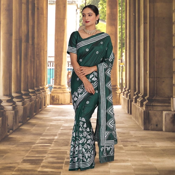 Green color kantha work sari Size: M, Color: Green