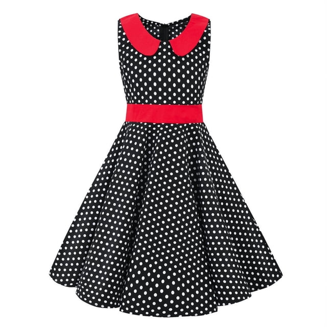 FYDUU Robes Filles Sans Manches Années 50 Vintage à Pois Robe de Soirée Rétro Col Peter Pan Décontractée Robe d'Été Quotidienne Formelle