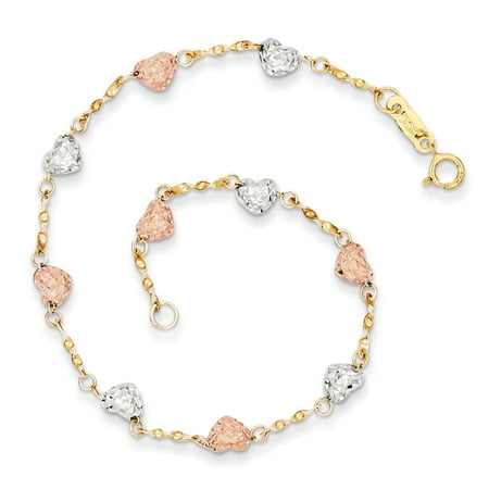 Indian Gold Jewelry - 14k Tri Color Yellow White Gold Puff Heart Bracelet 7 Inch /love Fine Jewelry For Women Gift Set