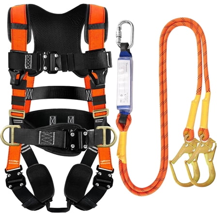 Safety Harness Fall Protection - Roofing Harness Kit Men Full Body Construction Harness with Lanyard for Work Upgrade 4 Quick Buckles Orange
