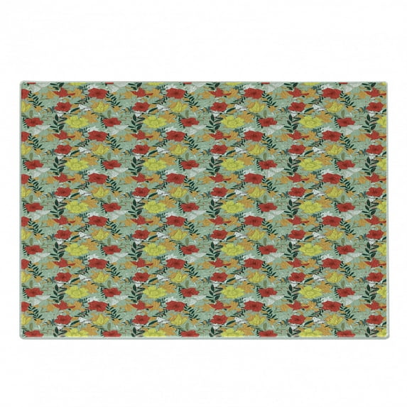 Tropical Cutting Board, Jungle Blossoms Hibiscus with Birds and Butterflies Branches Forest Fragrance, Decorative Tempered Glass Cutting and Serving Board, in 3 Sizes, by Ambesonne