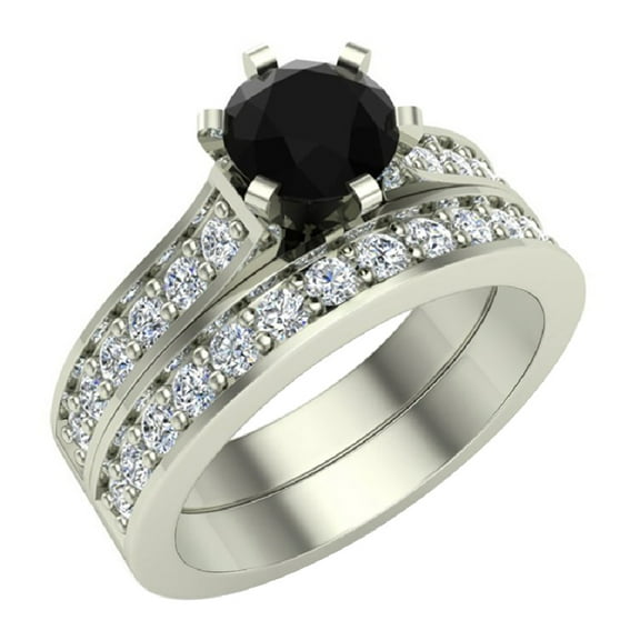 Black Diamond Wedding Ring Set Round Cut Black Diamond Ring Accented 14K White Gold 1.10 Carat (F,VS1)